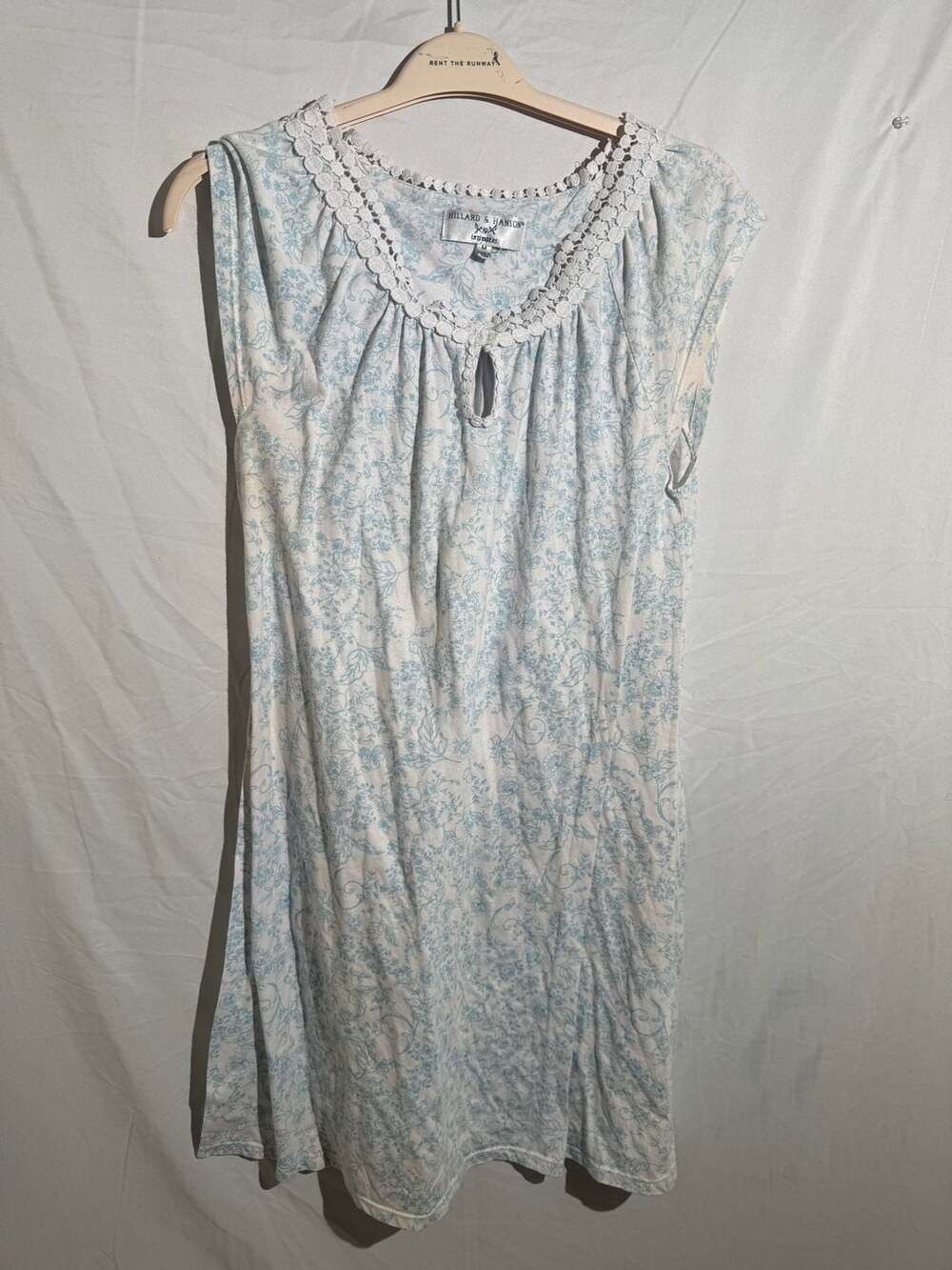 Hillard & Hanson Vintage Blue Floral Nightgown Womens Medium Crochet Trim Cottag